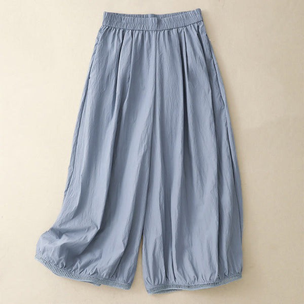 Buddha Stones Casual Hem Hollow Design Women's Cotton 7-8 Length Wide Leg Pants With Pockets