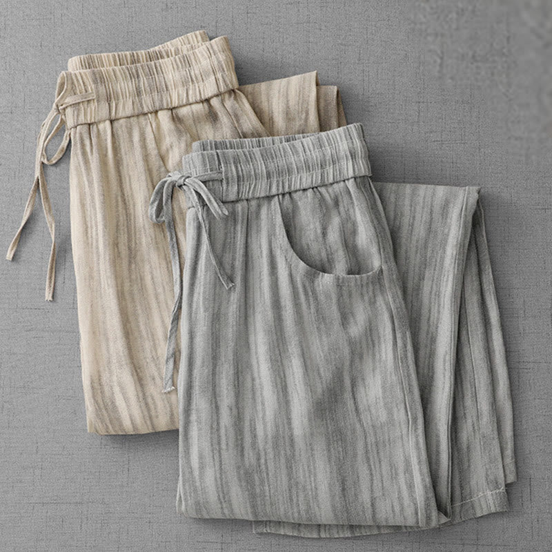 Buddha Stones Casual Tie-Dye Striped Design Drawstring Women's Cotton Wide Leg Pants With Pockets