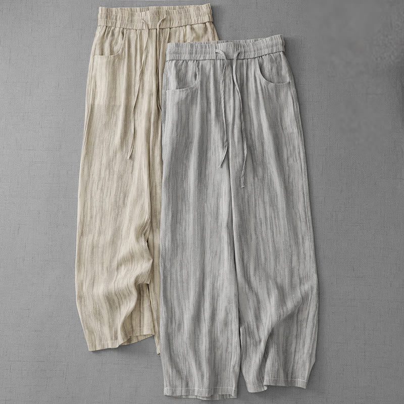 Buddha Stones Casual Tie-Dye Striped Design Drawstring Women's Cotton Wide Leg Pants With Pockets