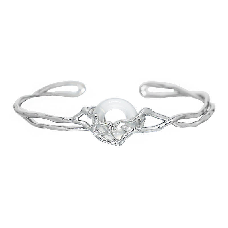 Buddha Stones 925 Sterling Silver Peace Buckle White Agate Protection Bracelet Bangle