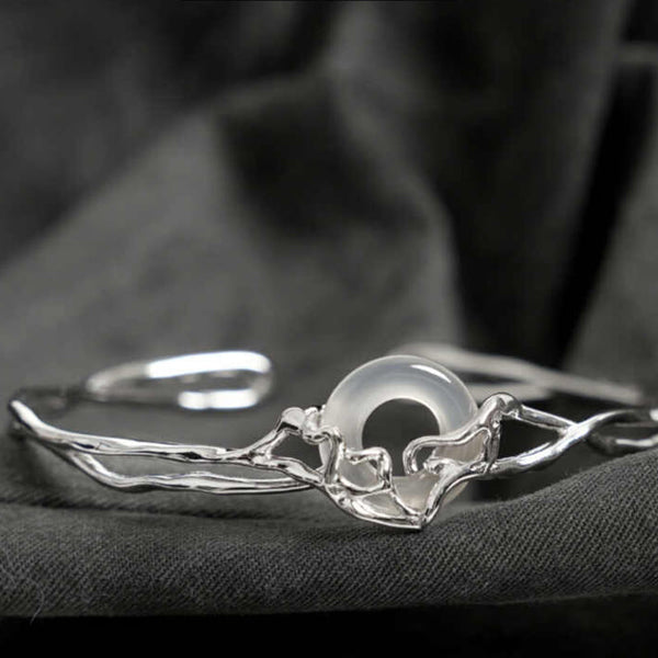 Buddha Stones 925 Sterling Silver Peace Buckle White Agate Protection Bracelet Bangle