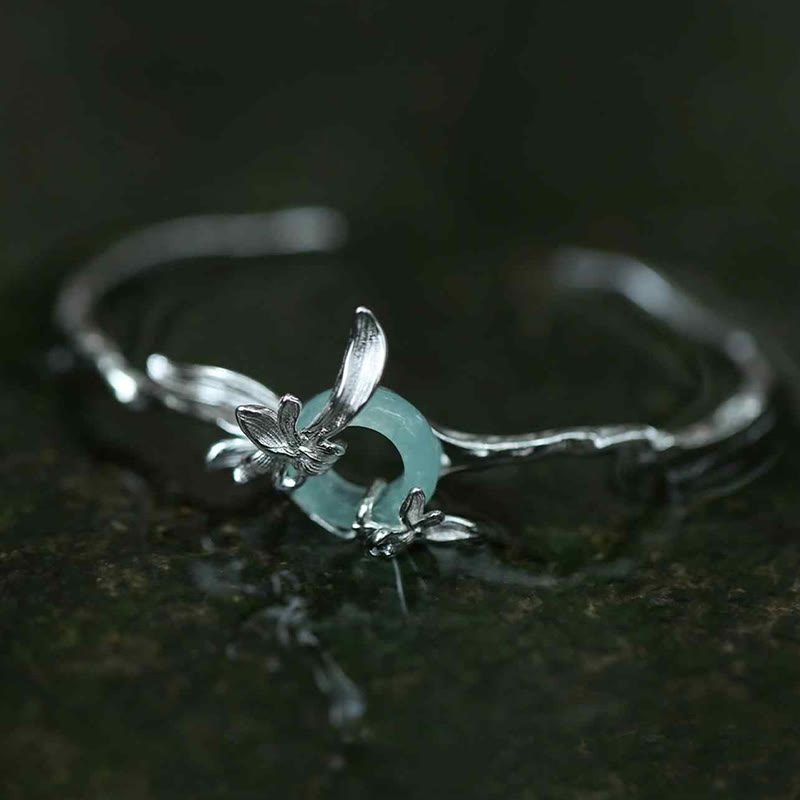 Buddha Stones 925 Sterling Silver Iris Peace Buckle Quartzite Jade Protection Bracelet Bangle