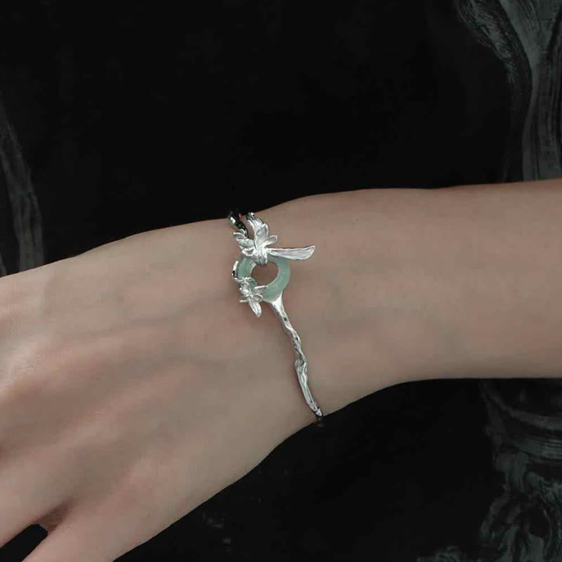 Buddha Stones 925 Sterling Silver Iris Peace Buckle Quartzite Jade Protection Bracelet Bangle