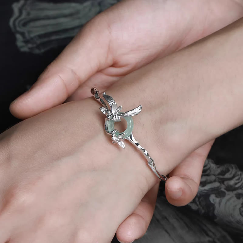 Buddha Stones 925 Sterling Silver Iris Peace Buckle Quartzite Jade Protection Bracelet Bangle