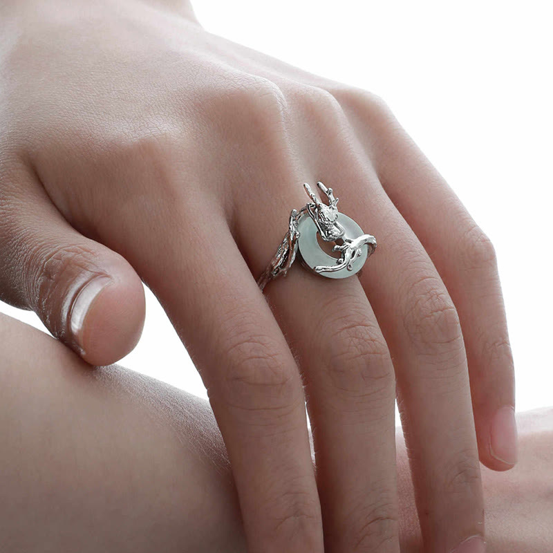 Buddha Stones 925 Sterling Silver Dragon Peace Buckle Quartzite Jade Balance Ring