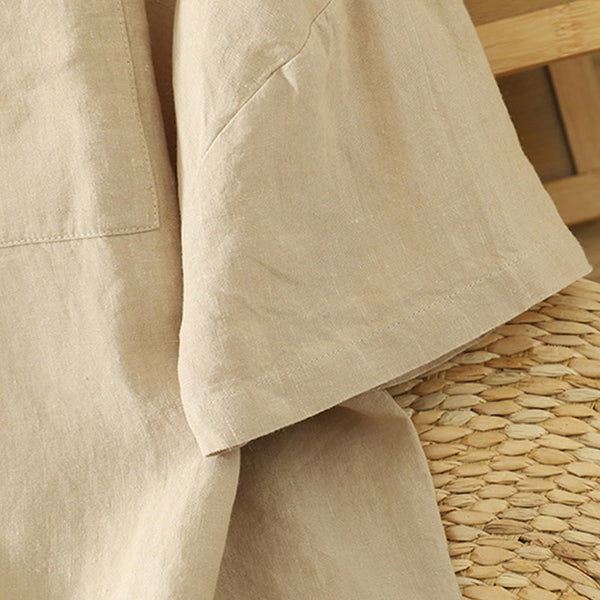 Buddha Stones Casual Plain Women's Cotton Linen V-Neck T-shirt With Pocket