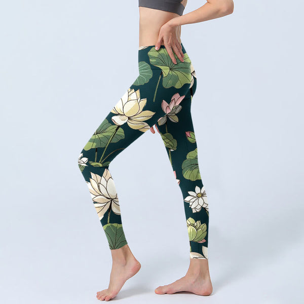 Buddha Stones Beige Pink Lotus Flowers Leaves Print Gym Leggings Women's Yoga Pants