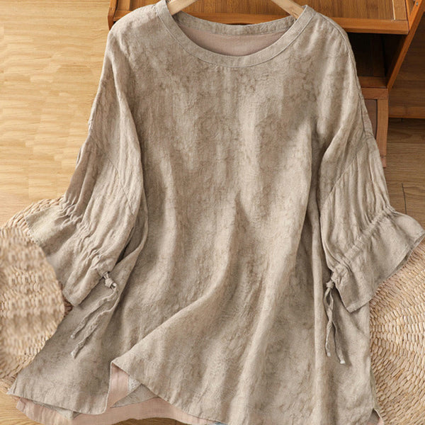 Buddha Stones Casual Crew Neck Women's Lace-up Half Sleeve Shirt