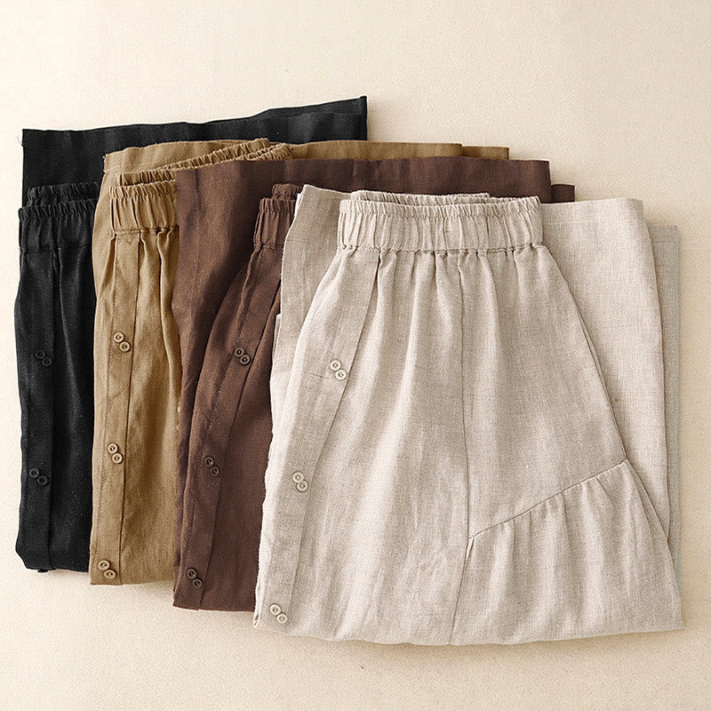 Buddha Stones A-line Buttons Slit Design Elastic Waist Cotton Women's Skirt With Pockets