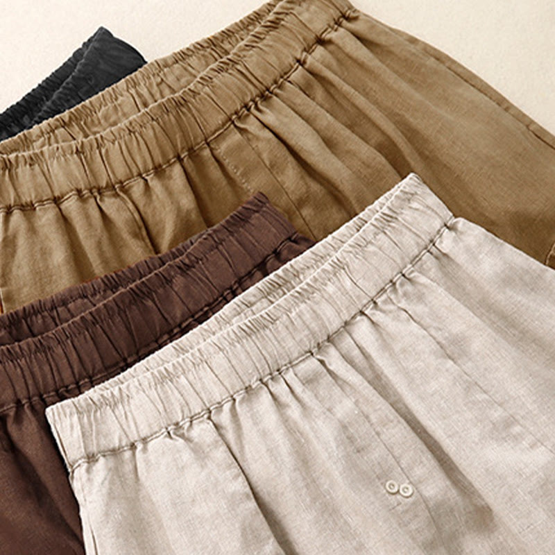 Buddha Stones A-line Buttons Slit Design Elastic Waist Cotton Women's Skirt With Pockets