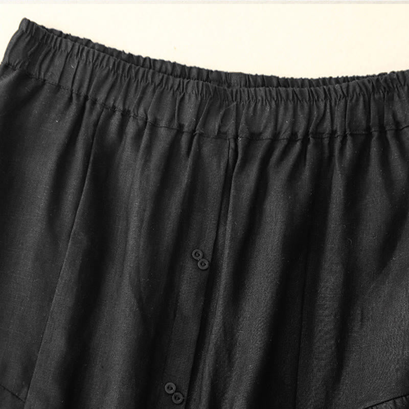 Buddha Stones A-line Buttons Slit Design Elastic Waist Cotton Women's Skirt With Pockets