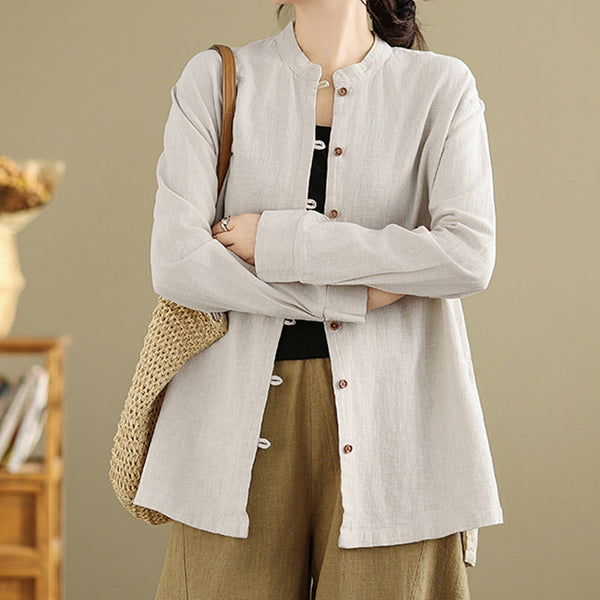 Buddha Stones Casual Solid Color Front Buttons Design Long Sleeve Women's Cotton Linen Shirt