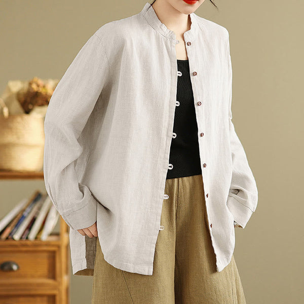 Buddha Stones Casual Solid Color Front Buttons Design Long Sleeve Women's Cotton Linen Shirt