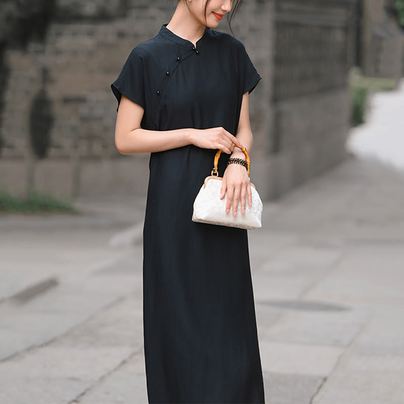 Buddha Stones Casual Plain Cheongsam Lace-Up Design Cotton Linen Short Sleeve Midi Dress