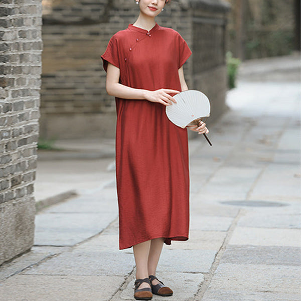 Buddha Stones Casual Plain Cheongsam Lace-Up Design Cotton Linen Short Sleeve Midi Dress