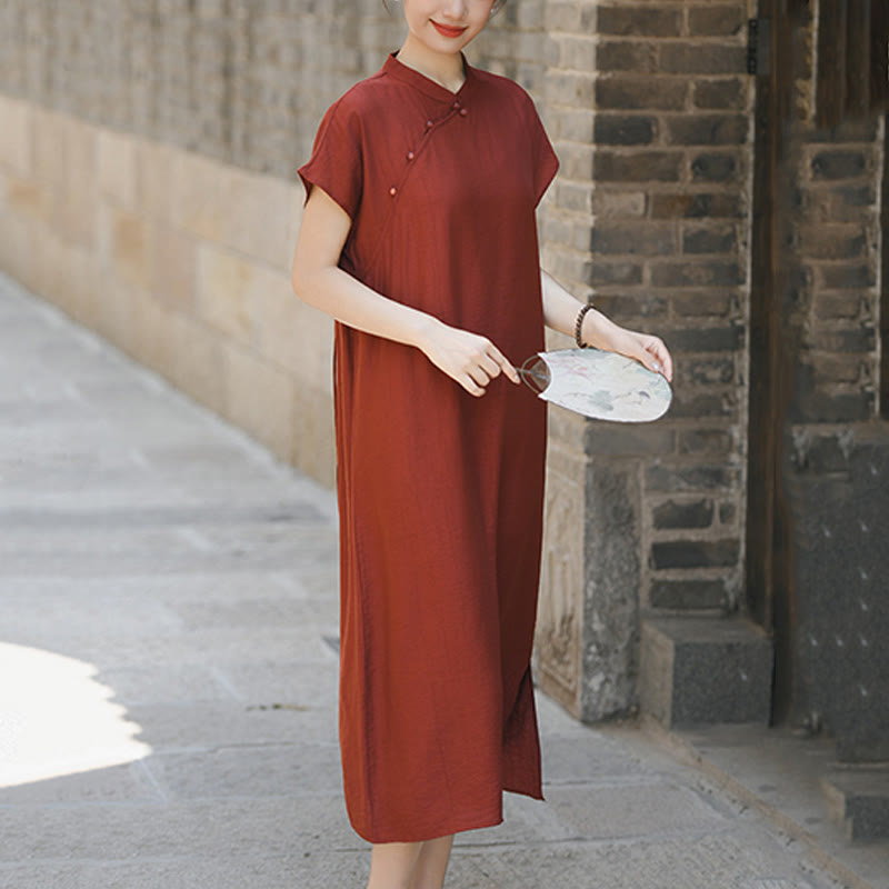 Buddha Stones Casual Plain Cheongsam Lace-Up Design Cotton Linen Short Sleeve Midi Dress