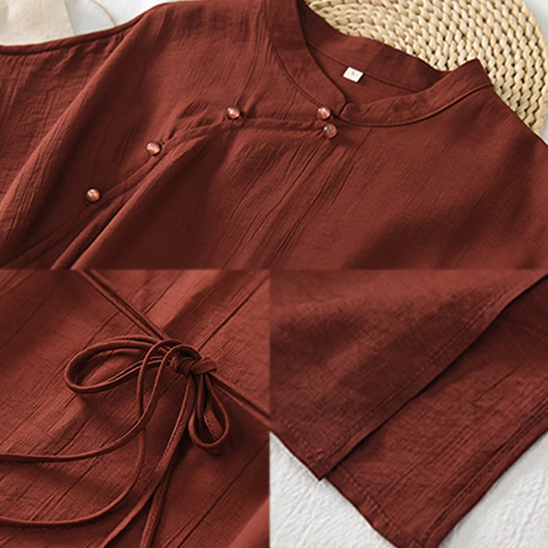 Buddha Stones Casual Plain Cheongsam Lace-Up Design Cotton Linen Short Sleeve Midi Dress