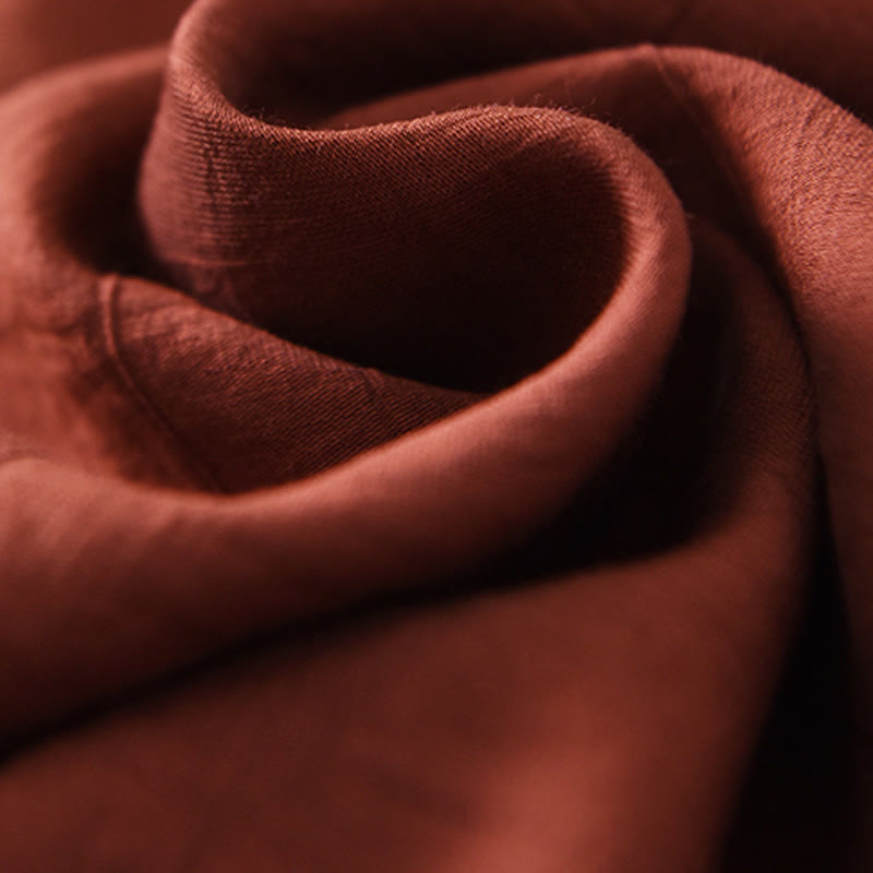 Buddha Stones Casual Plain Cheongsam Lace-Up Design Cotton Linen Short Sleeve Midi Dress