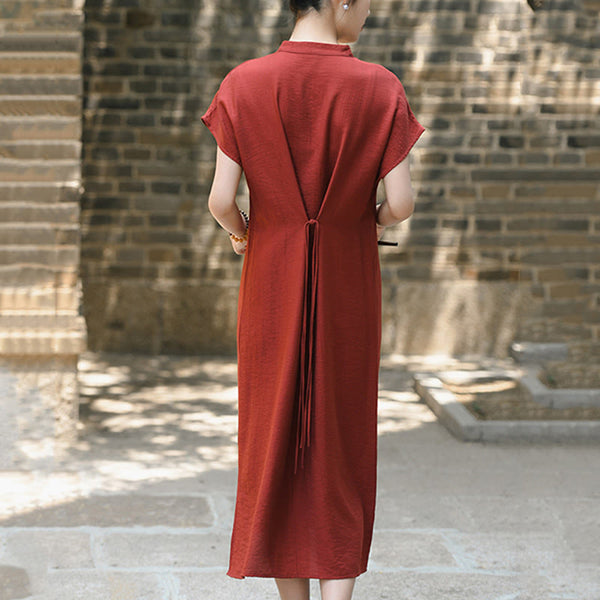 Buddha Stones Casual Plain Cheongsam Lace-Up Design Cotton Linen Short Sleeve Midi Dress