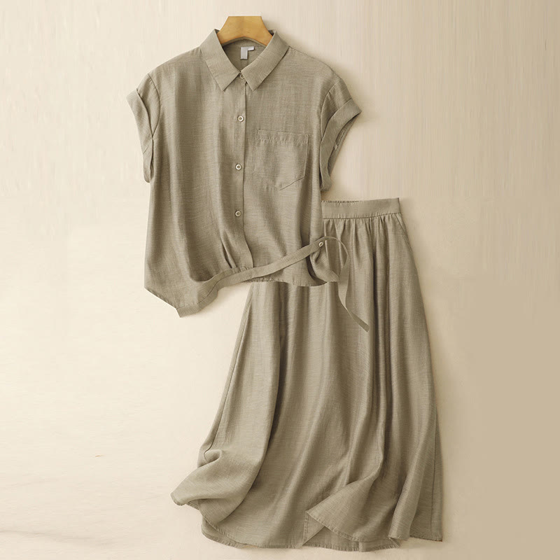 Buddha Stones 2Pcs Shirt Top 7-8 Length Skirt With Pockets Cotton Linen Clothing Women's Set