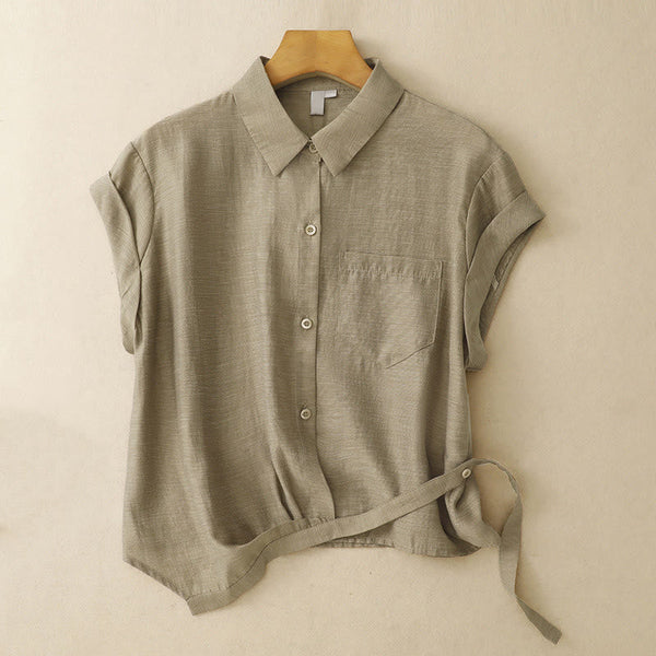 Buddha Stones 2Pcs Shirt Top 7-8 Length Skirt With Pockets Cotton Linen Clothing Women's Set