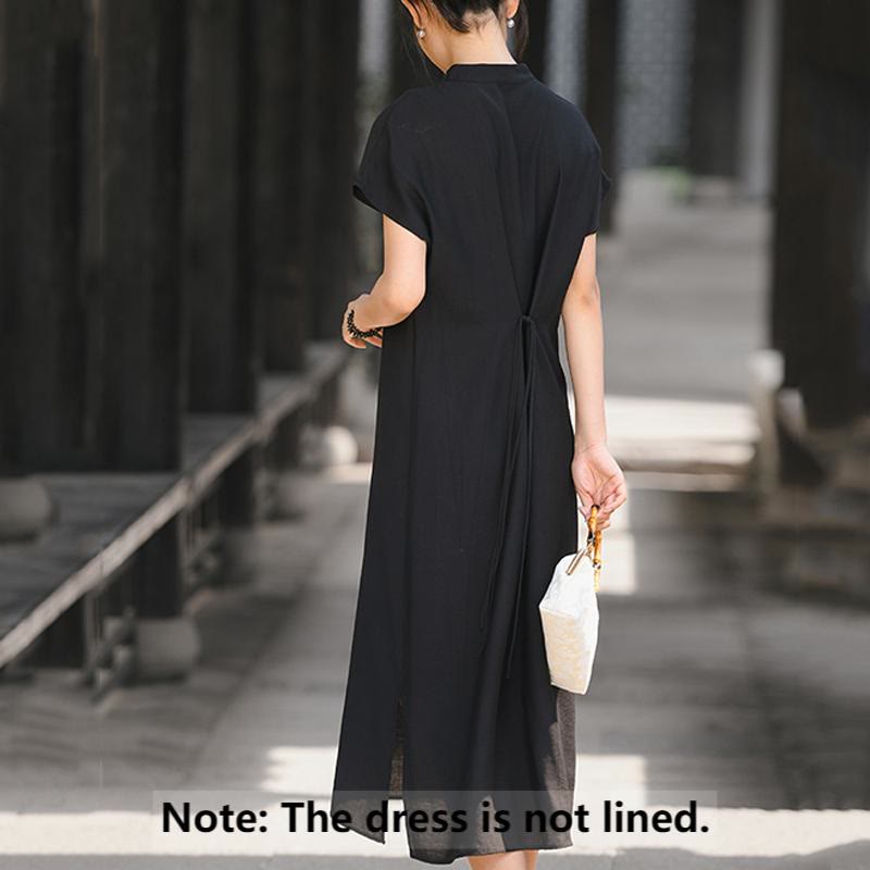 Buddha Stones Casual Plain Cheongsam Lace-Up Design Cotton Linen Short Sleeve Midi Dress
