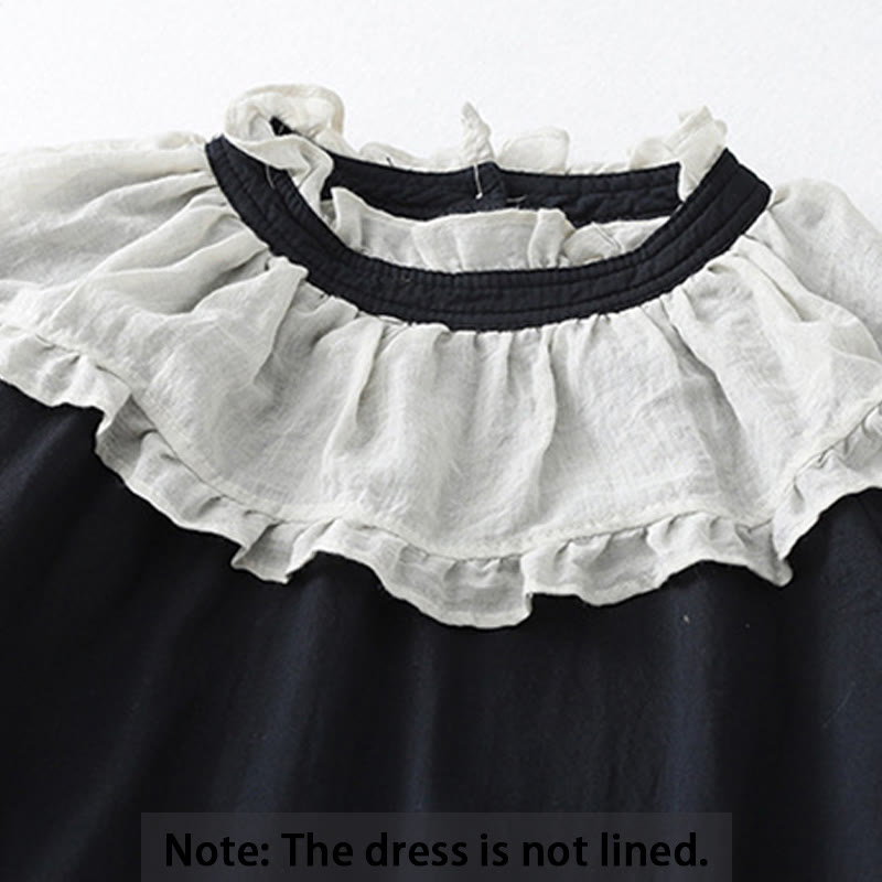 Buddha Stones Casual Ruffled Lace Patchwork Design Puff Sleeve Cotton Midi Dress With Pockets