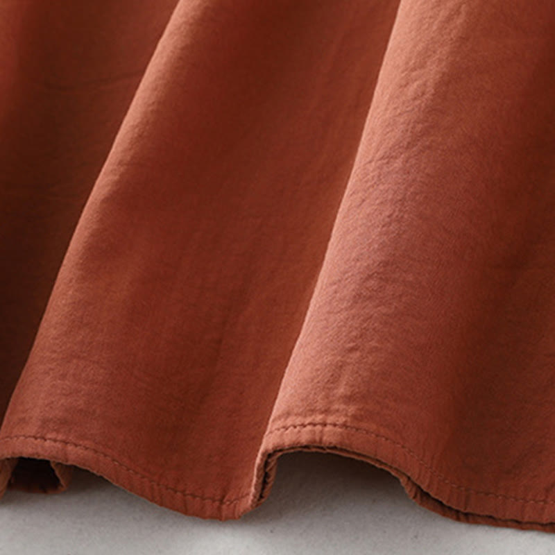 Buddha Stones Casual Ruffled Lace Patchwork Design Puff Sleeve Cotton Midi Dress With Pockets