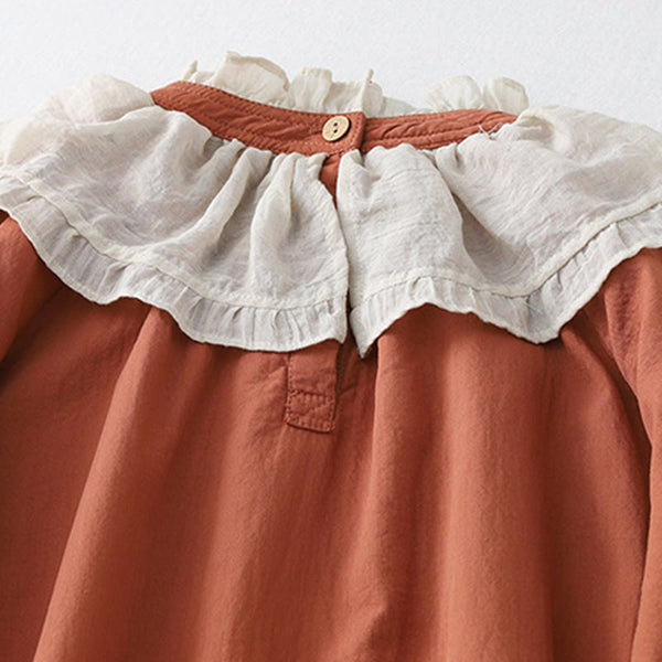 Buddha Stones Casual Ruffled Lace Patchwork Design Puff Sleeve Cotton Midi Dress With Pockets