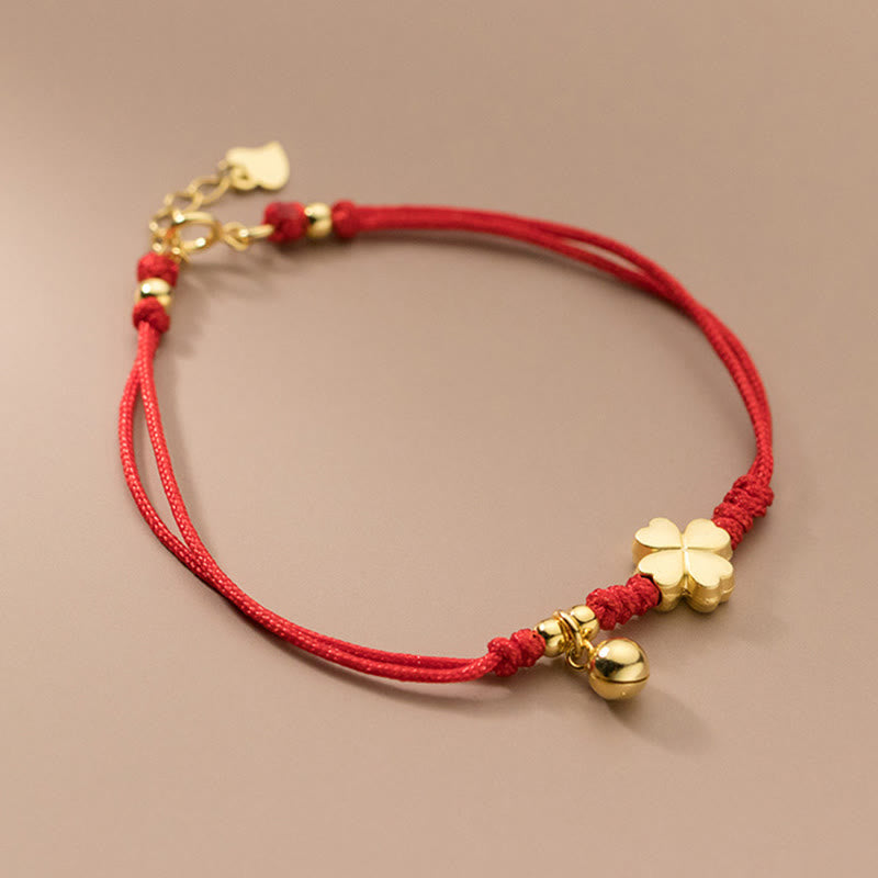 Buddha Stones 925 Sterling Silver Plated Gold Four Leaf Clover Red String Connection Bracelet