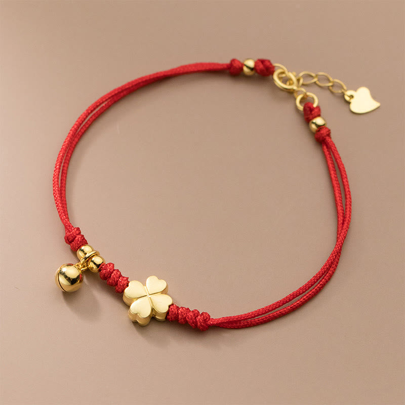 Buddha Stones 925 Sterling Silver Plated Gold Four Leaf Clover Red String Connection Bracelet