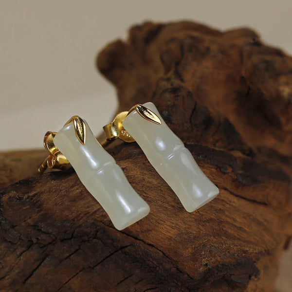 Buddha Stones Bamboo Hetian Jade 925 Sterling Silver Leaf Wealth Earrings