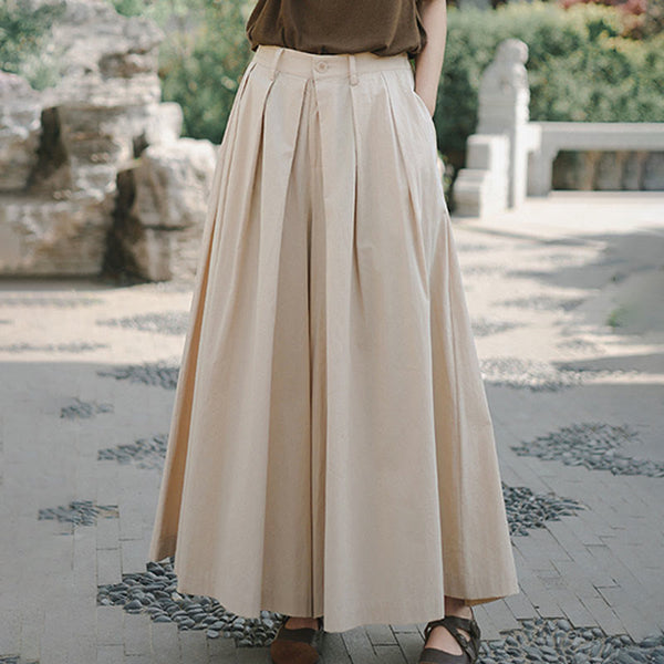 Buddha Stones Casual Plain Loose Cotton Women's Wide Leg Pants With Pockets