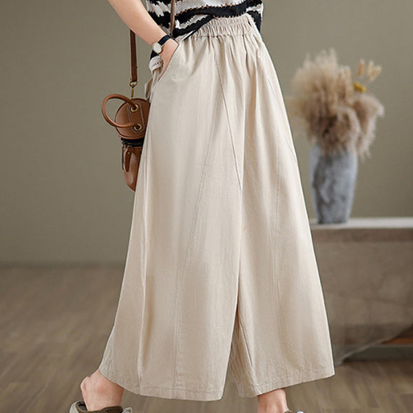 Buddha Stones Casual Plain Cotton Women's 7-8 Length Wide Leg Pants With Pockets