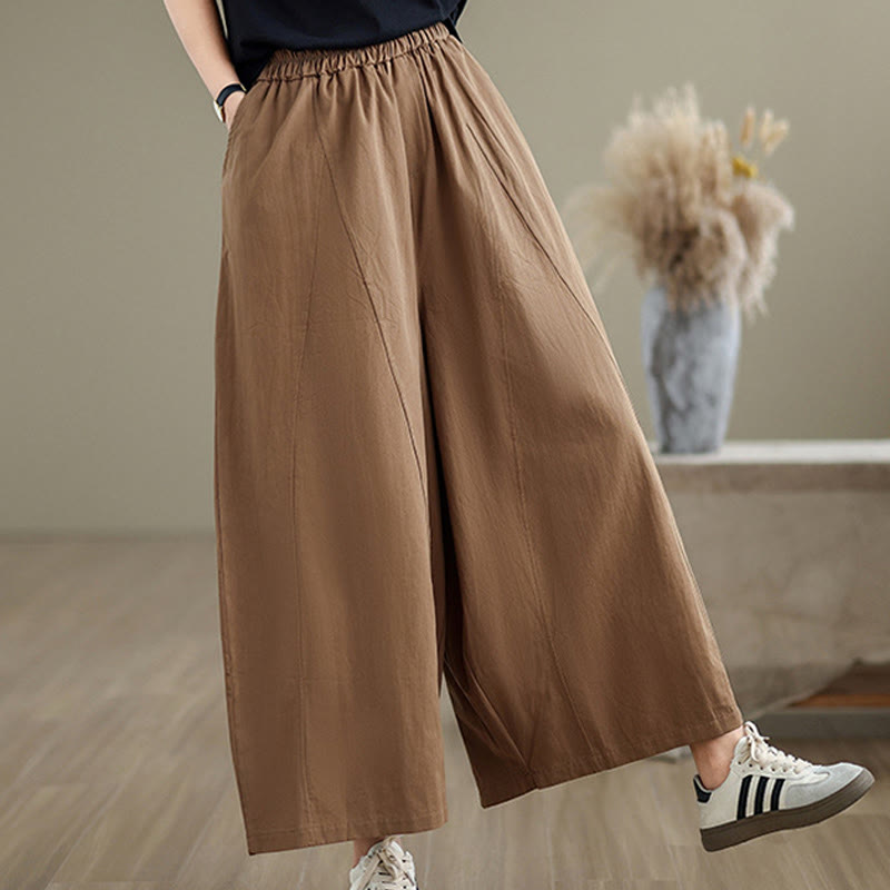 Buddha Stones Casual Plain Cotton Women's 7-8 Length Wide Leg Pants With Pockets