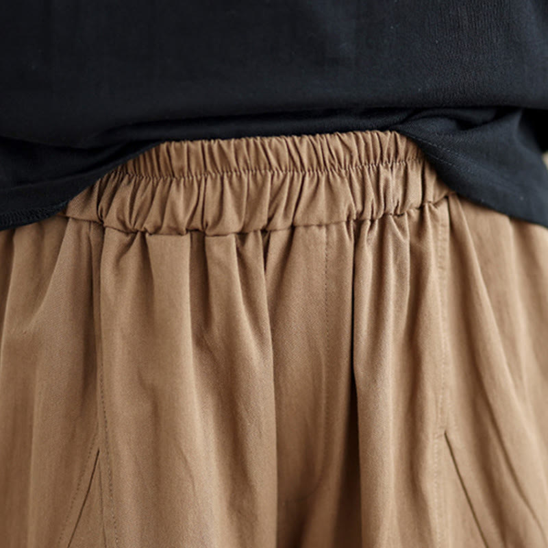 Buddha Stones Casual Plain Cotton Women's 7-8 Length Wide Leg Pants With Pockets