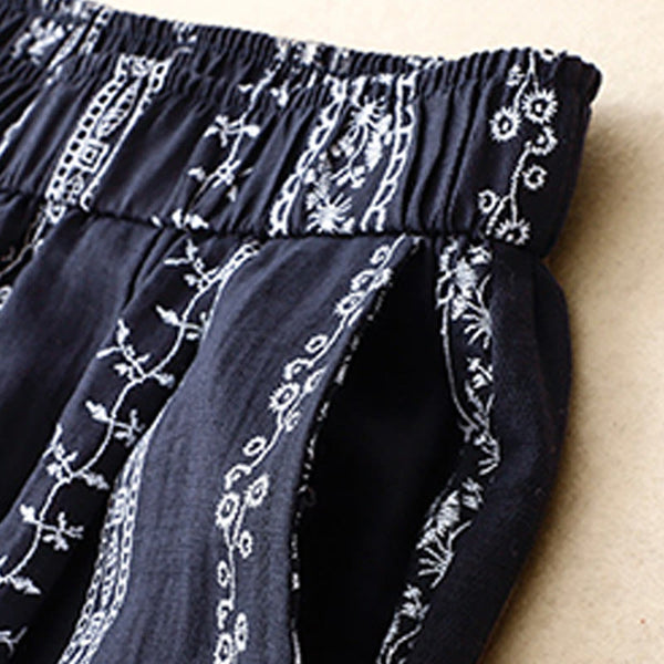 Buddha Stones Casual Vertical Printing Cotton Linen Women's Wide Leg Pants With Pockets