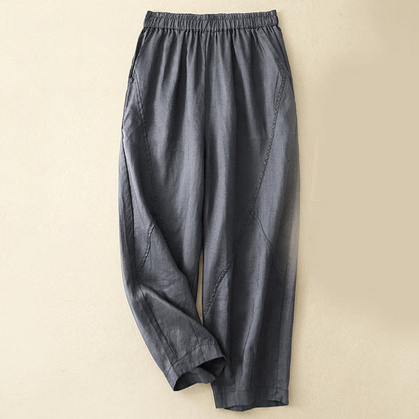 Buddha Stones Casual Plain Cropped Pants Women's Cotton Linen Harem Pants With Pockets