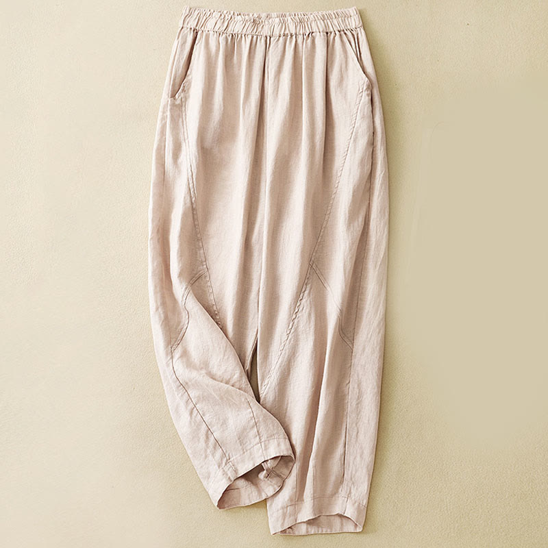 Buddha Stones Casual Plain Cropped Pants Women's Cotton Linen Harem Pants With Pockets