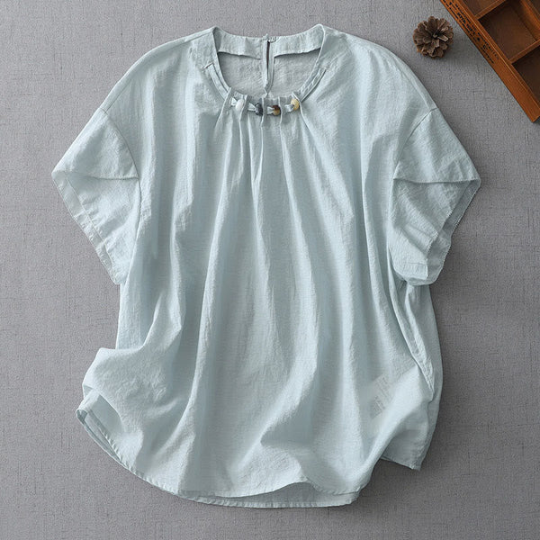 Buddha Stones Beads Crew Neck Design Cotton Short Sleeve Women's Shirt