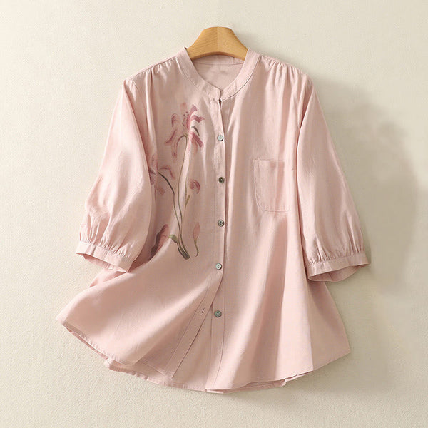 Buddha Stones Casual Daily Printing Lily Pattern Half Puff Sleeve Women's Cotton Linen Shirt