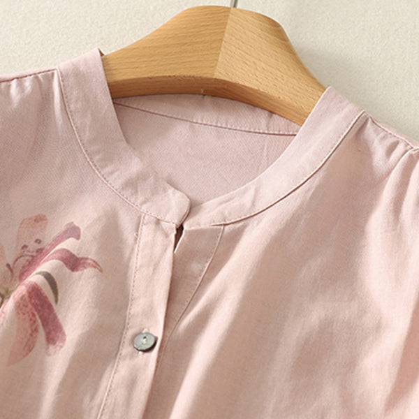Buddha Stones Casual Daily Printing Lily Pattern Half Puff Sleeve Women's Cotton Linen Shirt