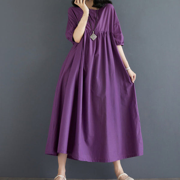 Buddha Stones Casual Solid Color Pleated Design Crew Neck Half Puff Sleeve Cotton Maxi Dress