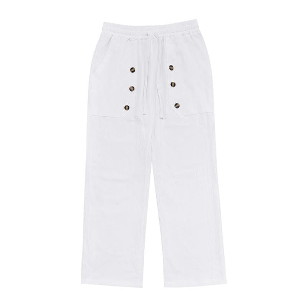 Buddha Stones Casual Plain Color Buttons Men's Cotton Pants With Pockets