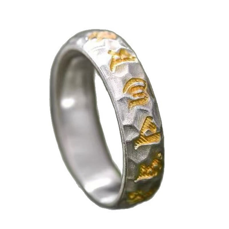 Buddha Stones Hammer Pattern Om Mani Padme Hum Copper Plated Silver Wealth Ring