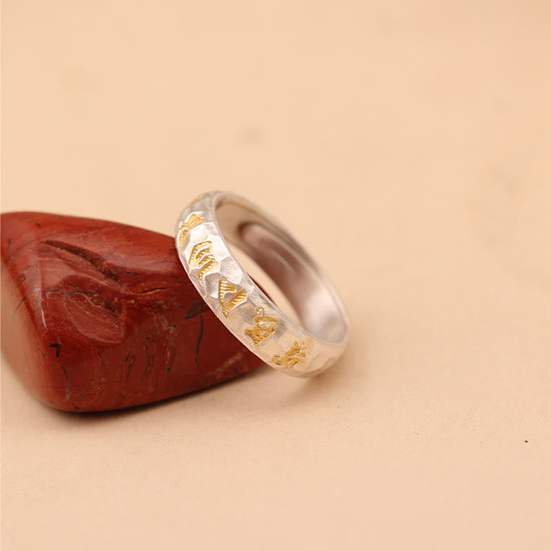 Buddha Stones Hammer Pattern Om Mani Padme Hum Copper Plated Silver Wealth Ring