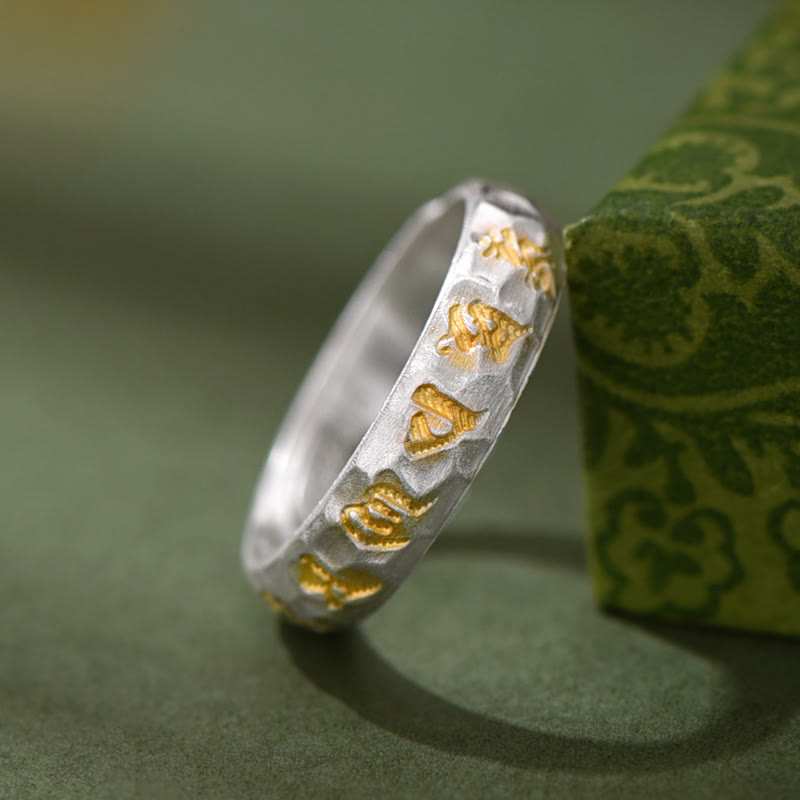 Buddha Stones Hammer Pattern Om Mani Padme Hum Copper Plated Silver Wealth Ring