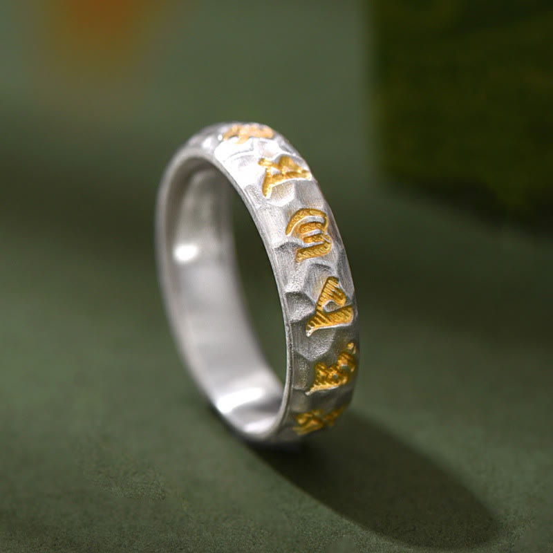 Buddha Stones Hammer Pattern Om Mani Padme Hum Copper Plated Silver Wealth Ring