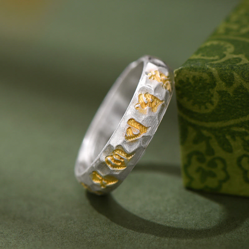 Buddha Stones 999 Sterling Silver Hammer Pattern Om Mani Padme Hum Balance Ring