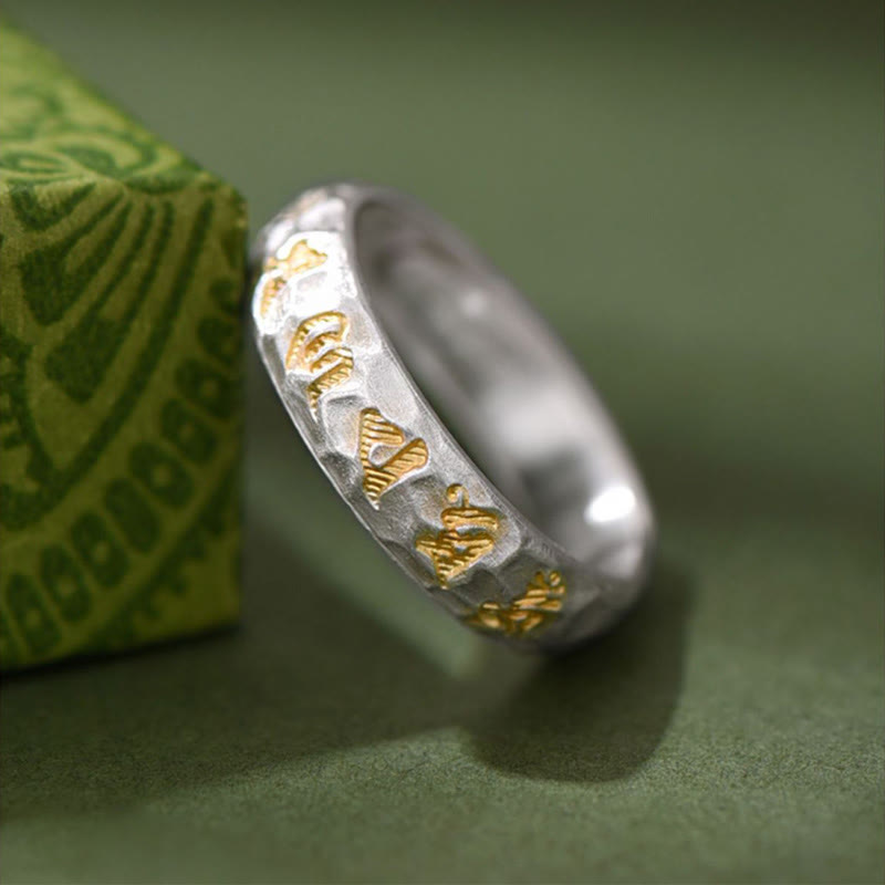 Buddha Stones 999 Sterling Silver Hammer Pattern Om Mani Padme Hum Balance Ring